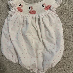 White Baby Romper with Pink Flamingo Embroidery